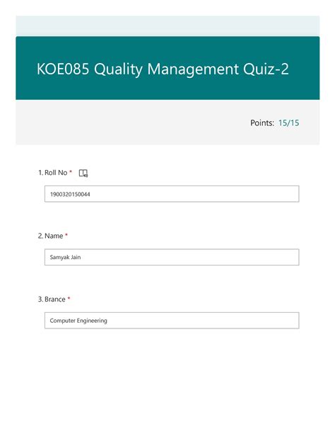 Quality Management Quiz .